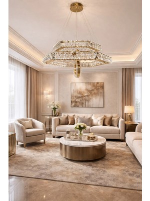 Kafkas 60LIK Altıgen Gold 2 Katlı Halkalı Kristal Avize