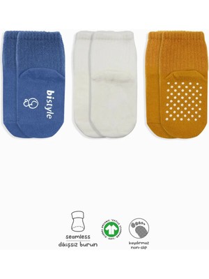 Najmaddin Bistyle Basic Kaymaz Penye Soket Çorap 3'lü BS10107 Indigo Ekru Hardal