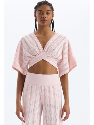 COMEUP Jakarlı Delik Desenli Yarasa Kol Crop Top Soft Pudra