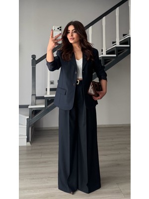 Elisin Lacivert Pileli Geniş Paça Kemerli Palazzo Pantolon