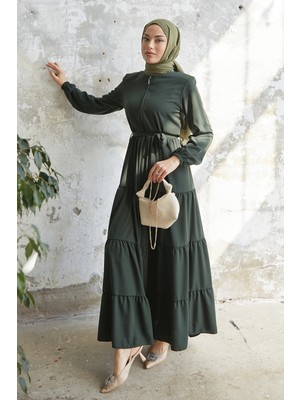 inStyle Kuşaklı Eteği Büzgü Haki Ferace