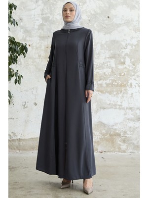 inStyle Yakası ve Kolu Taşlı Antrasit Ferace