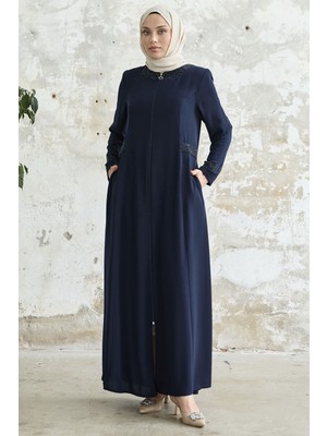 inStyle Yakası ve Kolu Taşlı Lacivert Ferace