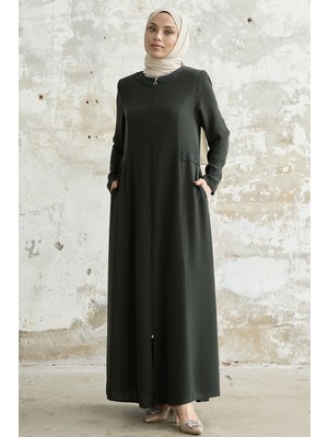 inStyle Yakası ve Kolu Taşlı Haki Ferace