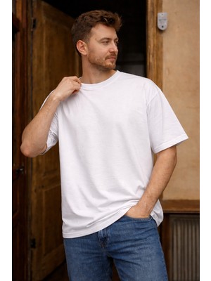 Modabox Unisex Oversize Geniş Kesim %100 Pamuk Yumuşak Dokulu Basic Bisiklet Yaka Tişört