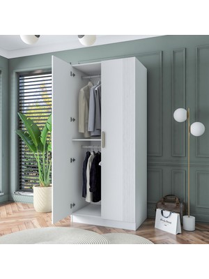 Rani BA179 Membran Kapaklı Gardırop Raflı 2 Askılı 2 Kapaklı Elbise Dolabı Beyaz