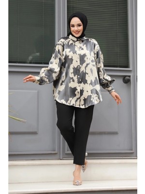 Tesettür Diyarı Bol Kesim Jakarlı Tesettür Gömlek Antrasit