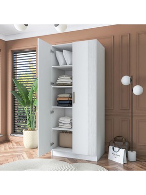 Rani BA180 Membran Kapaklı Gardırop 4 Raflı 2 Kapaklı Elbise Dolabı Beyaz