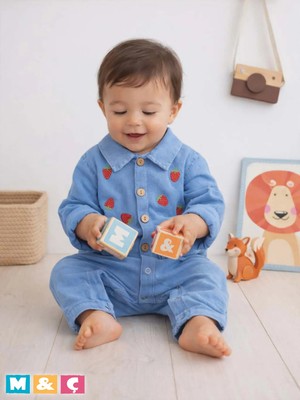 Uzun Kollu Kız Erkek Bebek Çocuk Pamuklu Kot Salopet Jean Bebek Çilekli  Tulum
