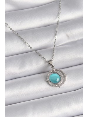 Belle Fusion Mey Ithalat® 316L Çelik Gümüş Renk Mavi Sedefli Hilal Model Kadın Kolye