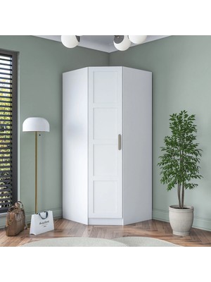 Rani BA191 Membran Kapaklı Köşe Modül Gardırop Tek Kapaklı 6 Raflı Askılı Elbise Dolabı Tamamlayıcı Köşe Ünitesi Beyaz