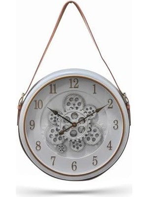Premium Serisi Antik Eskitme Döner Çarklı Retro Tasarım 40 cm Ev ve Ofis Duvar Saati Rakamlı Beyaz-