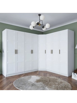 Rani BA192 Geniş Köşe Membran Kapaklı Gardırop Elbise Dolabı 8 Kapaklı 2 Çekmeceli 18 Raflı 4 Askılı Modüler Dolap Beyaz