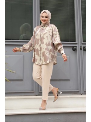 Tesettür Diyarı Bol Kesim Jakarlı Tesettür Gömlek Taba