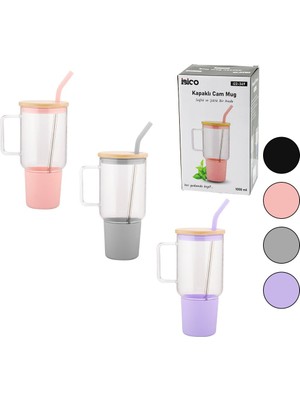 Go İthalat Cam 1000ML Matara - Suluk Bambu Kapak - Sızdırmaz Silikonlu Çelik Pipet Koruyucu Silikon Altlık - Kılıf (3791)