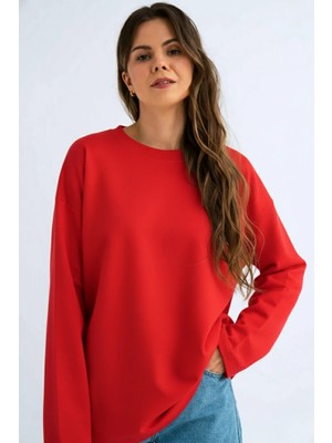 Guaraz Kadın Relax Fit Rahat Kesim %100 Pamuk Uzun Kollu Bisiklet Yaka Basic Tişört