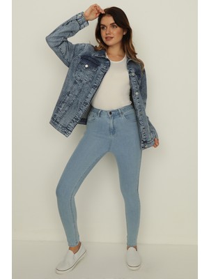 Select Moda Kadın Mavi Oversize Denim Ceket %100 Cotton Rahat ve Şık Tasarım