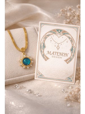 Marka Altın Sarısı Yılan Zincirli Güneş Motifli Doğal Taş Görünümlü Kolye