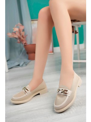 Aymood Kadın Nude Zincir Tokalı Kalın Taban Pu Deri Günlük Klasik Topuklu Loafer Makosen Ayakkabı