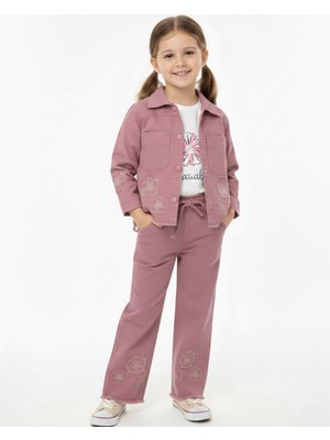 Ege Bebek Kız Çocuk 5-12 Yaş Çiçek Motifli Keten Pantalonlu, Dar Kalıp Ceketli 3'lü Şık Bayramlık Takım