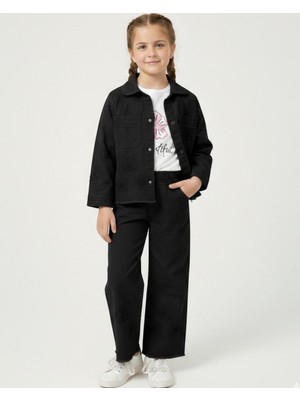 Ege Bebek Kız Çocuk 5-12 Yaş Çiçek Motifli Keten Pantalonlu, Dar Kalıp Ceketli 3'lü Şık Bayramlık Takım