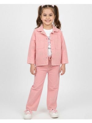 Ege Bebek Kız Çocuk 5-12 Yaş Çiçek Motifli Keten Pantalonlu, Dar Kalıp Ceketli 3'lü Şık Bayramlık Takım