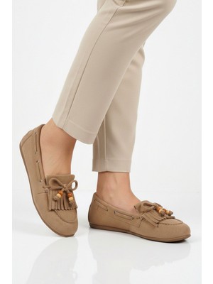 Ayakmod Bej Süet Hafif Esnek Kadın Babet Ayakkabı 572488 Z