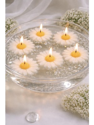 Yasmella Home Suda Yüzen Papatya Mum Seti 6’lı + El Yapımı Dekoratif Mum + Masa Üstü & Konsept Mum Seti