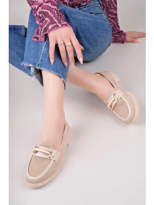 Aymood Kadın Nude Zincir Tokalı Kalın Taban Pu Deri Günlük Klasik Topuklu Loafer Makosen Ayakkabı F Krem Te