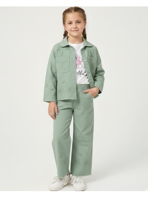 Ege Bebek Kız Çocuk 5-12 Yaş Çiçek Motifli Keten Pantalonlu, Dar Kalıp Ceketli 3'lü Şık Bayramlık Takım