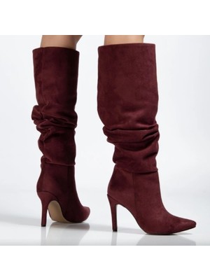 Cash Dukkan SYT-2003 Bordo Süet Körüklü Ince Topuklu Günlük Bayan Çizme