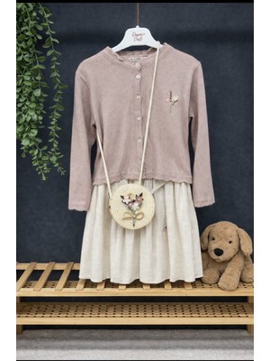 Çiçekli Keten Çantalı Hırkalı  Triko Elbise(6-7-8-9- Yaş)