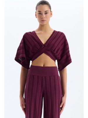 COMEUP Jakarlı Delik Desenli Yarasa Kol Crop Top Mürdüm