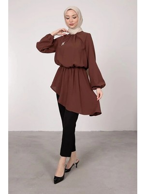 Tesettür Diyarı Asimetrik Kesim Balon Kol Tesettür Tunik- Kahverengi