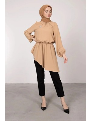 Tesettür Diyarı Asimetrik Kesim Balon Kol Tesettür Tunik- Vizon