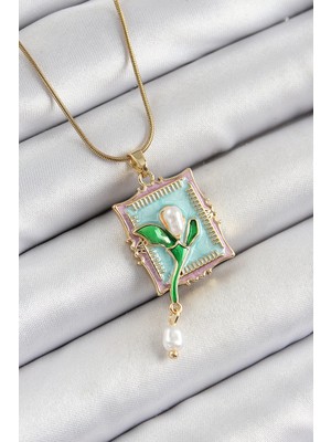 Belle Fusion Mey Ithalat® 316L Çelik Zincir Turkuaz Sanatsal Portre Sallantılı Inci Detaylı Lale Model Gold Renk Kadın Kolye
