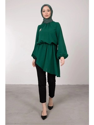Tesettür Diyarı Asimetrik Kesim Balon Kol Tesettür Tunik- Zümrüt