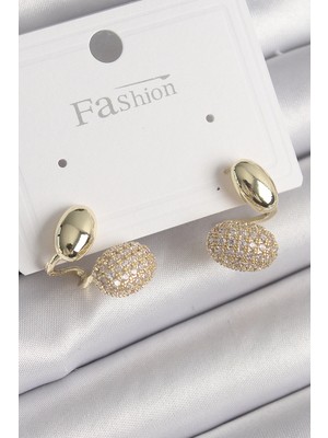 Belle Fusion Mey Ithalat® Pirinç Gold Renk Zirkon Taşlı Bombeli Model Kadın Küpe