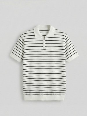 Kastrioti Premium Fermuarlı Yan Çizgili Old Money Triko Polo Yaka T-Shirt