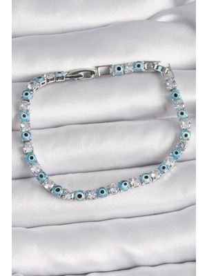 Eco Lounge Pirinç Gümüş Renk Su Yolu Zirkon Taşlı Nazar Boncuklu Kadın Bileklik