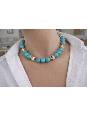 Sinem Şanlı Luna Yaz Koleksiyonu 40 cm 12 mm Doğal Firuze Altın Kaplama Özel Tasarım Choker Kolye
