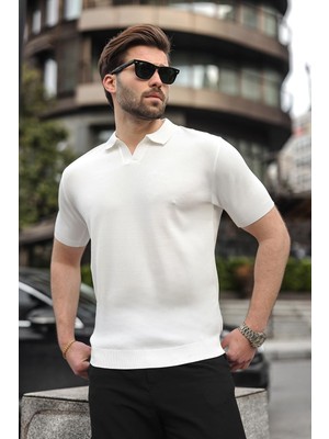 Madmext Beyaz Polo Yaka Triko Kısa Kollu Erkek Tişört E7463