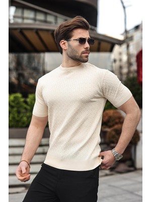 Madmext Taş Rengi Bisiklet Yaka Triko Erkek Tişört E7468