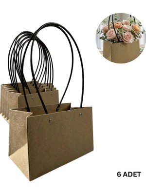 Roco Paper Co. Kraft Çiçek Çantası, Su Geçirmez Plastik Saplı Hediye ve Saksı Taşıma Çantası, 11.5X21X13 Cm, 6 Adet