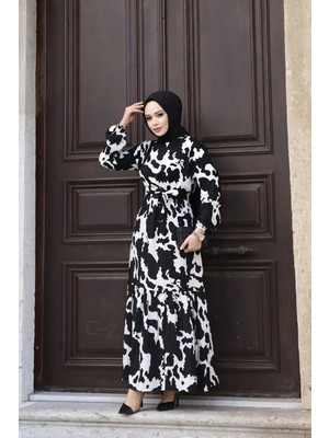 SFG Life Moda Kadın Desenli Yazlık Tesettür Kuşaklı Dokuma Viskon Kumaş Şık Elbise
