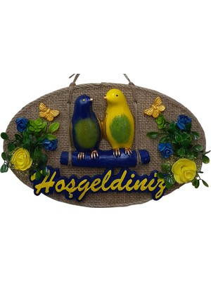 Mixperi Sarı Lacivert Kuş Figürlü "hoşgeldiniz" Kapı Süsü - 16 x 26 cm Kapı Dekoru