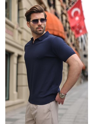 Madmext Lacivert Polo Yaka Triko Kısa Kollu Erkek Tişört E7463