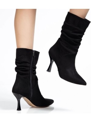 Cash Dukkan VRT-024 Siyah Süet Yüksek Ince Topuklu Körüklü Fermuarlı  Kadın Bot