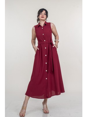 MissVina Önden Düğmeli Kolsuz ve Kuşaklı Uzun Elbise