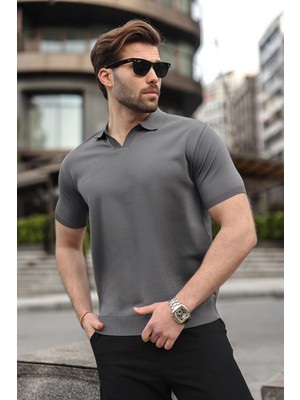 Madmext Antrasit Polo Yaka Triko Kısa Kollu Erkek Tişört E7463